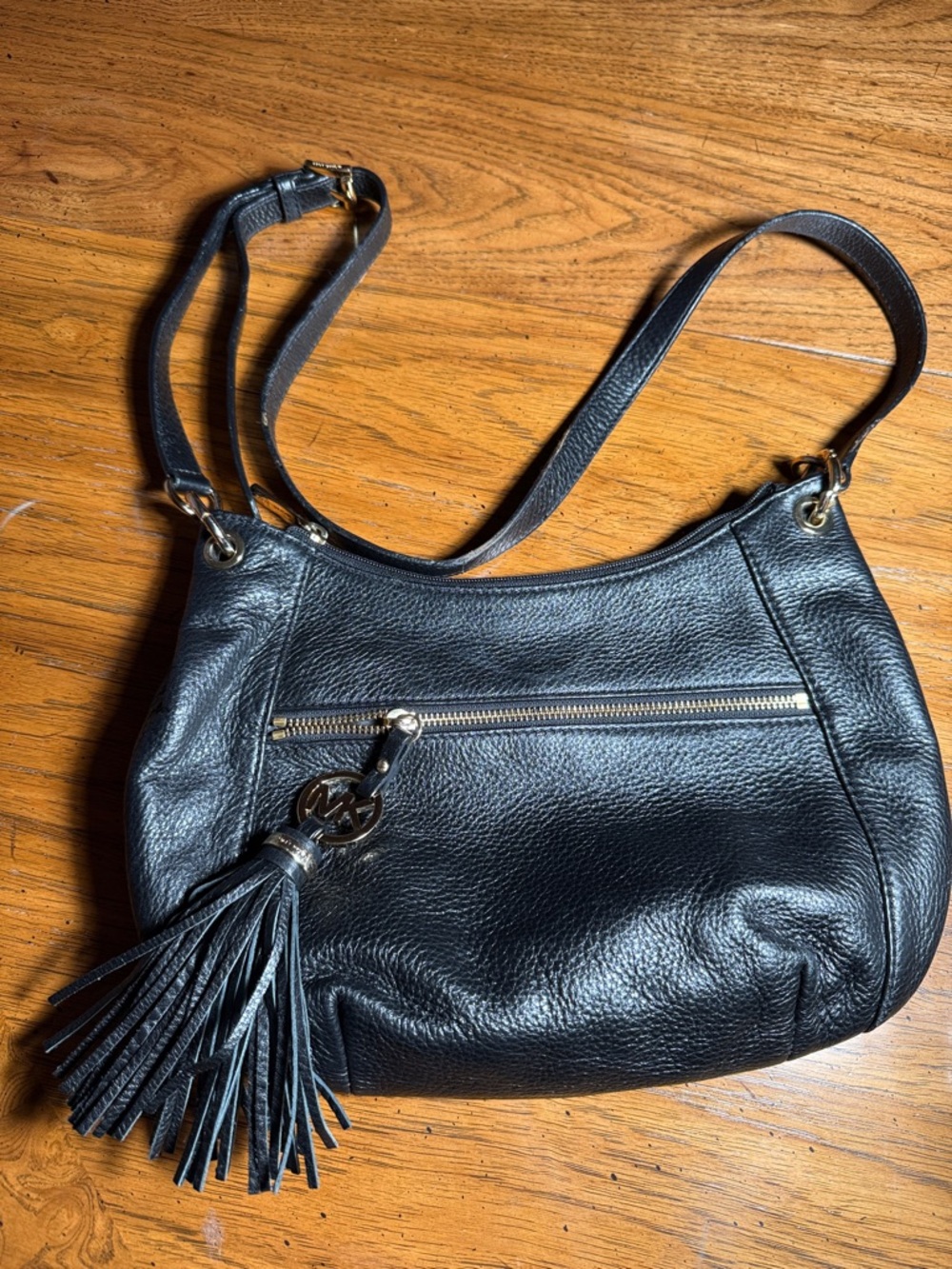 Michael Kors Black Leather Shoulder Bag with Tassel Charm